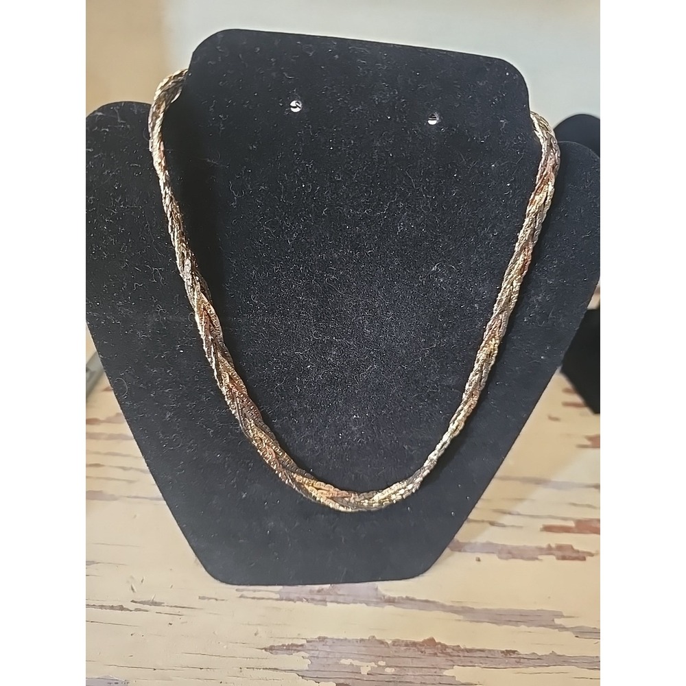Vtg Tri-Tone Color Braided Style Herringbone Korea Fashion Jewelry Necklace